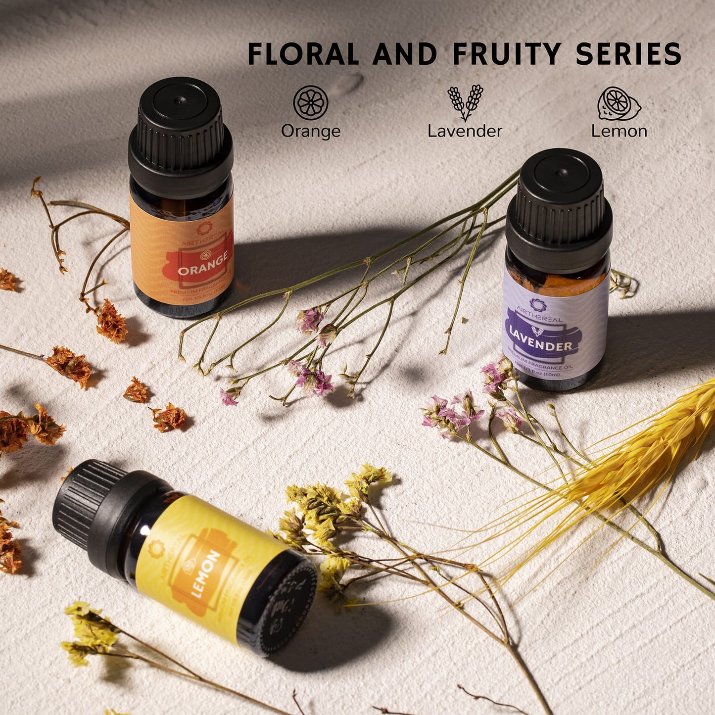 Floral and Fruity Collection: This set includes chamomile and lavender oils for relaxing, citrusy lemon and orange for boosting your mood, white tea for zen garden vibes, and wild bluebell which smells like a fresh spring day.