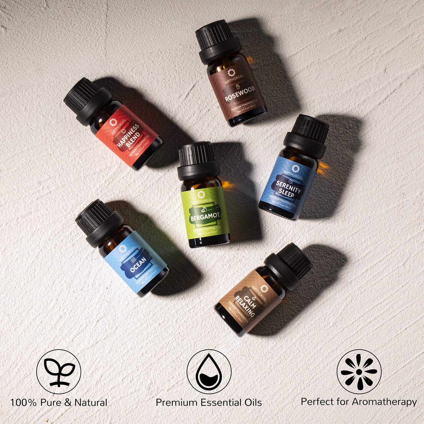 Spirit Inspired Collection: This set includes bergamot for mental clarity, a calm blend for relaxing, a happiness blend to boost your mood, ocean to give you seaside vibes, rosewood for grounding, and a serenity blend for sleeping.