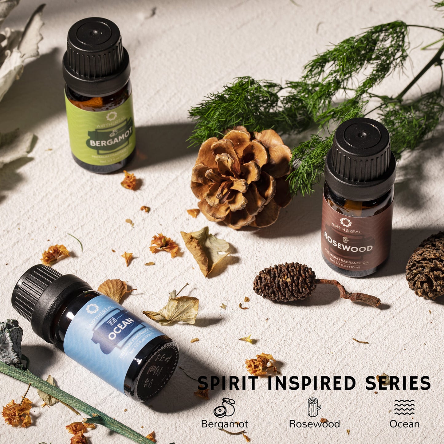 Spirit Inspired Collection: This set includes bergamot for mental clarity, a calm blend for relaxing, a happiness blend to boost your mood, ocean to give you seaside vibes, rosewood for grounding, and a serenity blend for sleeping.