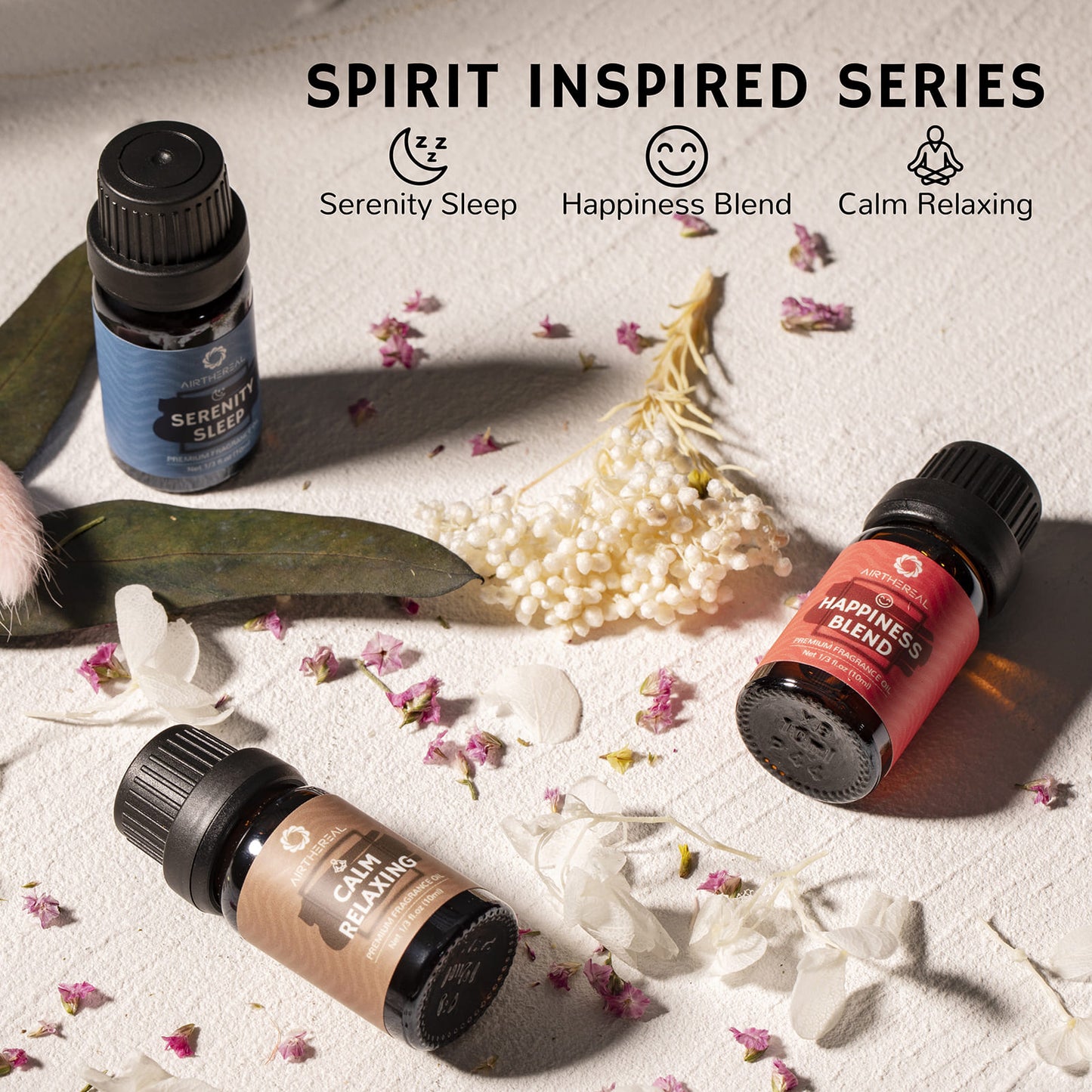 Spirit Inspired Collection: This set includes bergamot for mental clarity, a calm blend for relaxing, a happiness blend to boost your mood, ocean to give you seaside vibes, rosewood for grounding, and a serenity blend for sleeping.