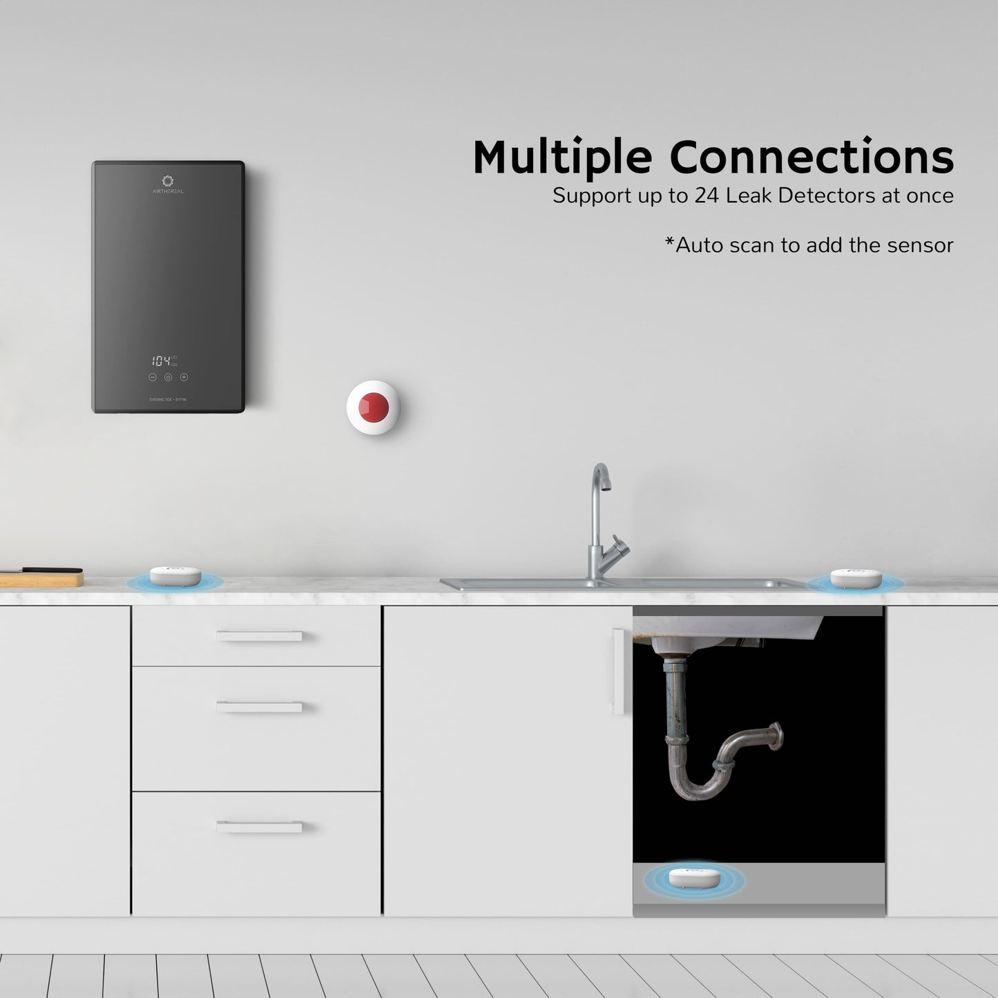 Airthereal Water Leak Detector 3 Pack with WiFi Gateway, Multiple Connections, Support up to 24 Leak Detectors at once