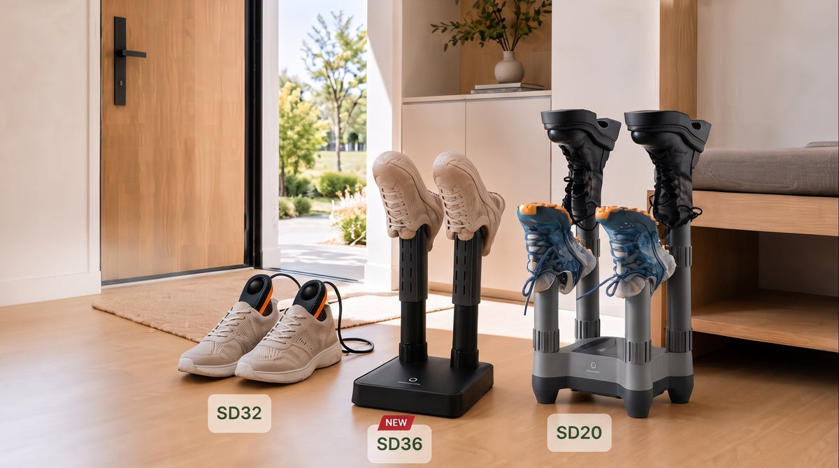 Shoe dryer models SD32, SD36, and SD20 displayed in a modern entryway.