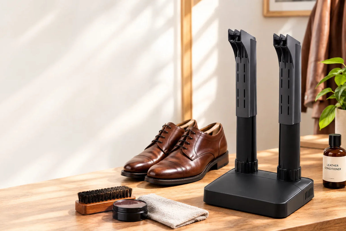 A fanless shoe dryer stands beside polished leather shoes and shoe-care accessories on a warm wooden table in a softly lit room