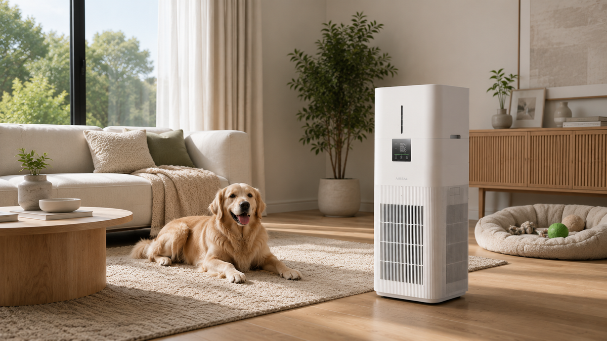 A white air purifier standing in a bright living room with a Golden Retriever lying nearby