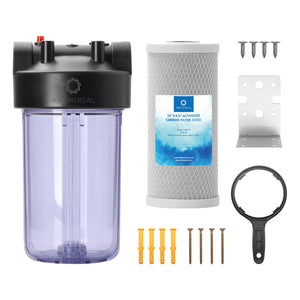 Airthereal Whole House Water Filter, Ideal for Well and City Water, 10" x 4.5" Sediment Carbon Cartridge Universal Housing, Pre-Filtration System (Clear Housing)