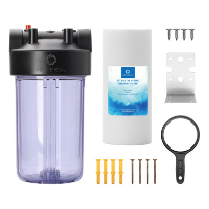 Airthereal Whole House Water Filter, Ideal for Well and City Water, 10" x 4.5" Sediment Carbon Cartridge Universal Housing, Pre-Filtration System (Clear Housing)