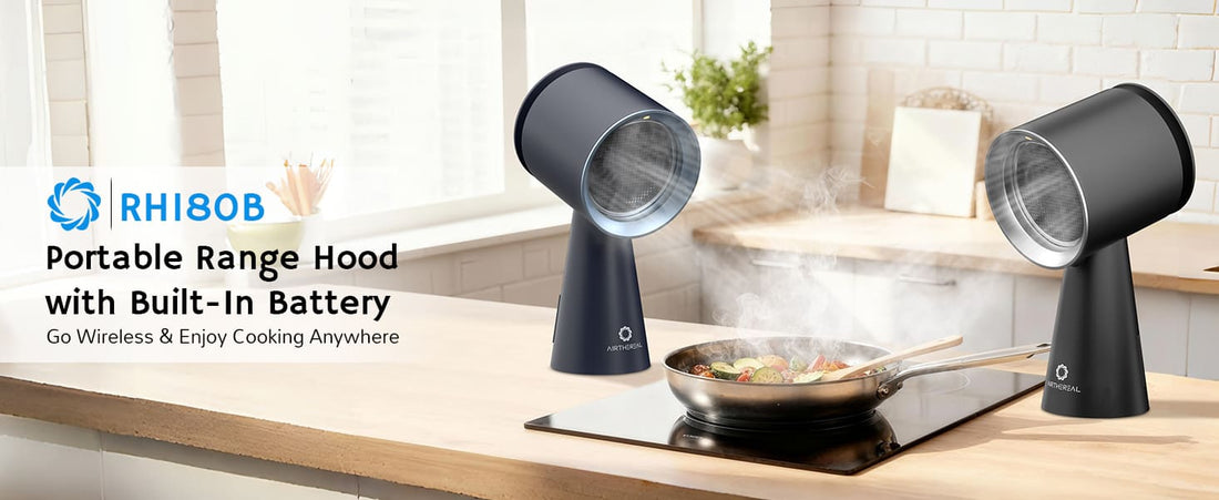 RH180 Portable Desktop Range Hood with built-in battery removing cooking fumes on kitchen countertop