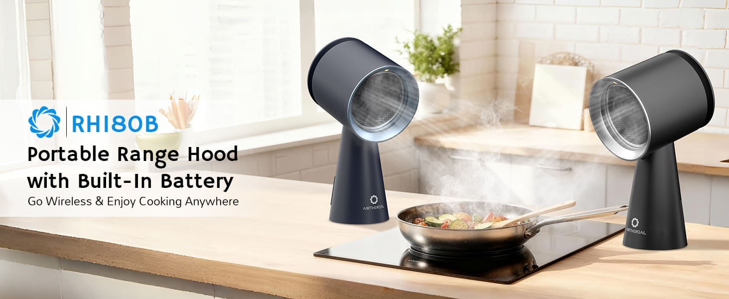 RH180 Portable Desktop Range Hood with built-in battery removing cooking fumes on kitchen countertop