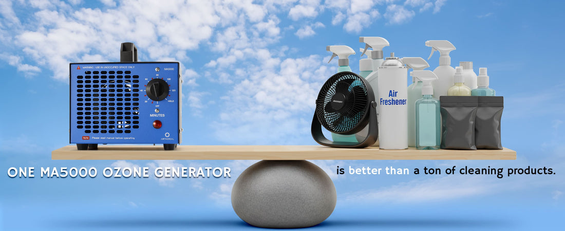 A blue ozone generator beside various cleaning products, including spray bottles and an air freshener, on a wooden shelf.