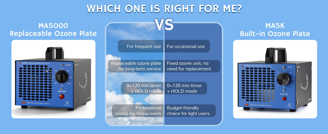 Comparison chart of MA5000 and MA5K ozone generators showing key features.