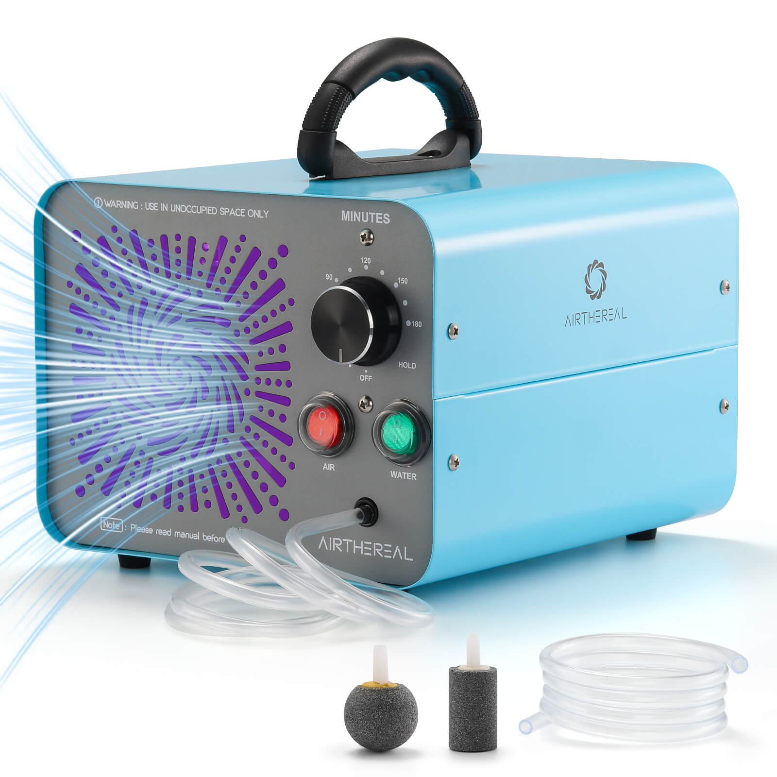 Blue ozone generator with visible brand logo on a white background