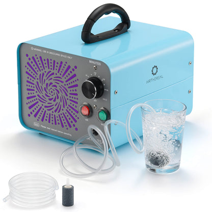 Blue ozone generator with a glass of water and hose on a white background