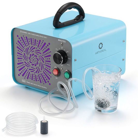 Blue ozone generator with a glass of water and hose on a white background