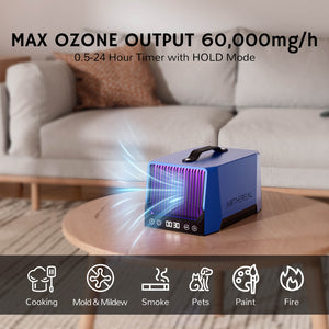 DA25 Desktop Ozone Generator, with timer, ozone output, and modes for cooking, mold, smoke, pets, paint, and fire odors.