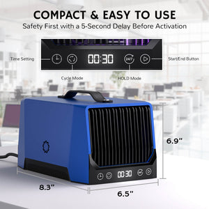 DA25 Desktop Ozone Generator with 5-second delay, timer, cycle, and hold modes, compact design with dimensions: 8.3” x 6.9” x 6.5”.