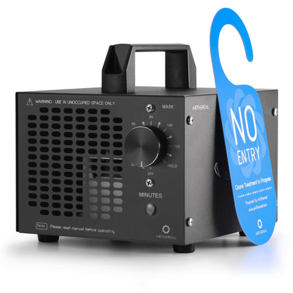 Black air purifier with a blue 'No Entry' sign on a white background