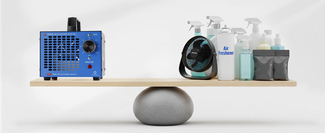 A blue ozone generator beside various cleaning products, including spray bottles and an air freshener, on a wooden shelf.
