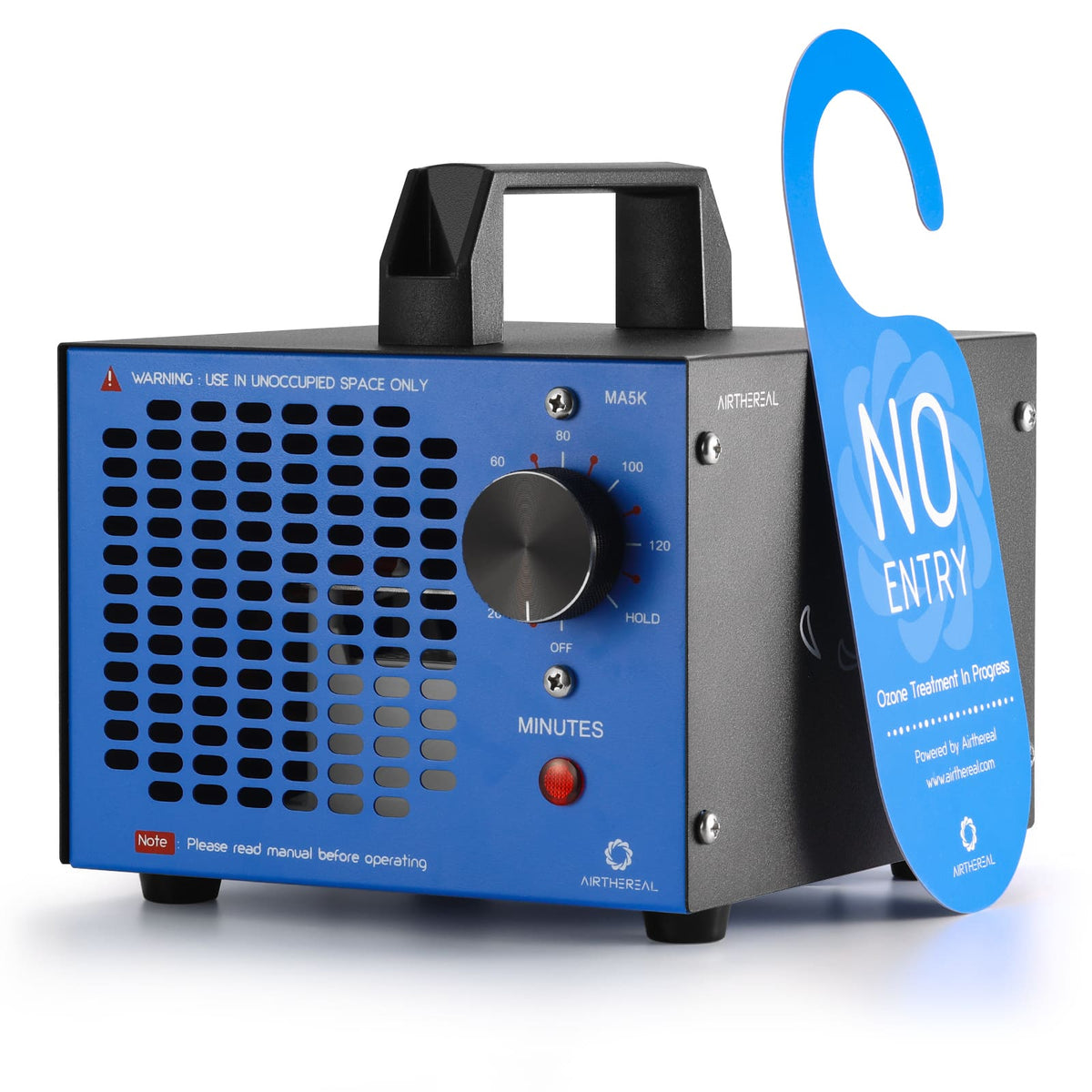 Blue and gray industrial device with a 'No Entry' sign on a white background