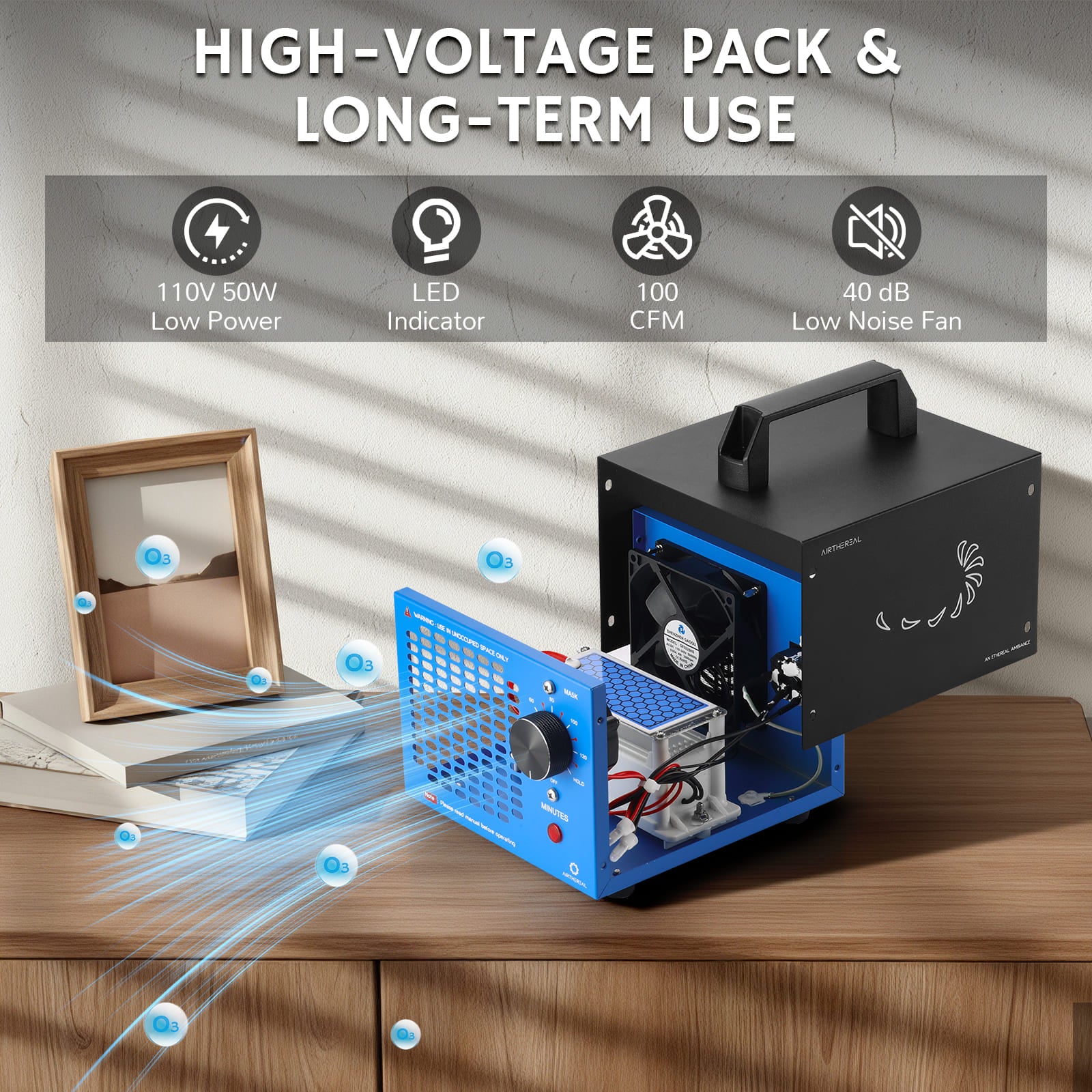 High-voltage pack with cooling system on a wooden surface, featuring LED indicator and low noise fan.