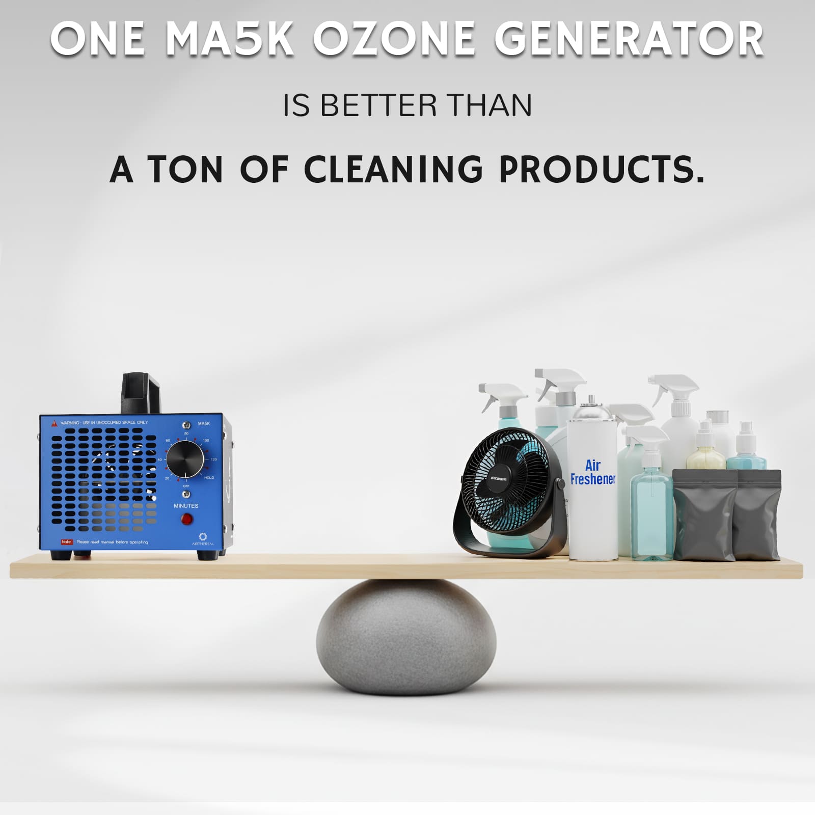 Ozone generator on a scale with cleaning products, emphasizing its effectiveness.