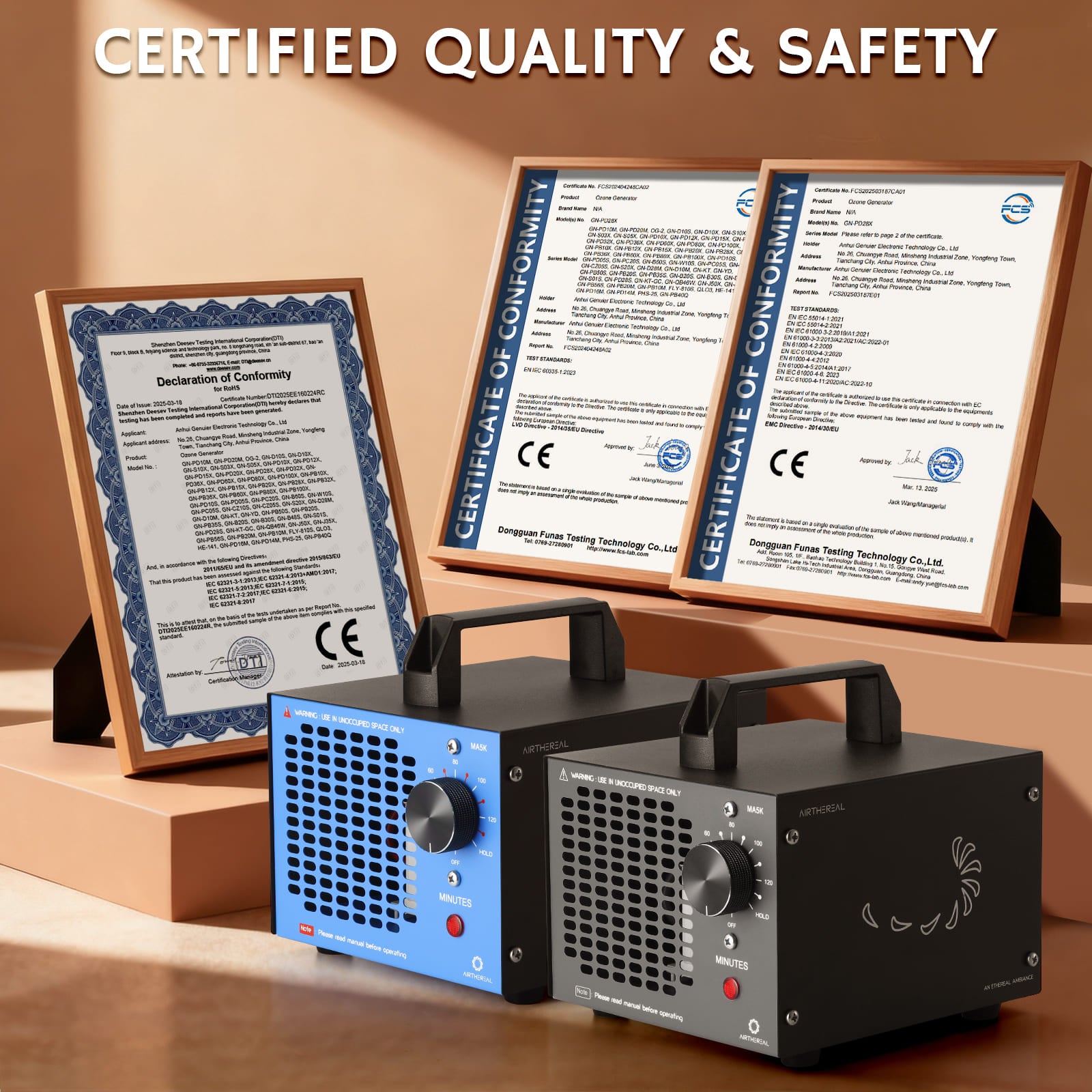 Two devices with certification documents on a wooden surface