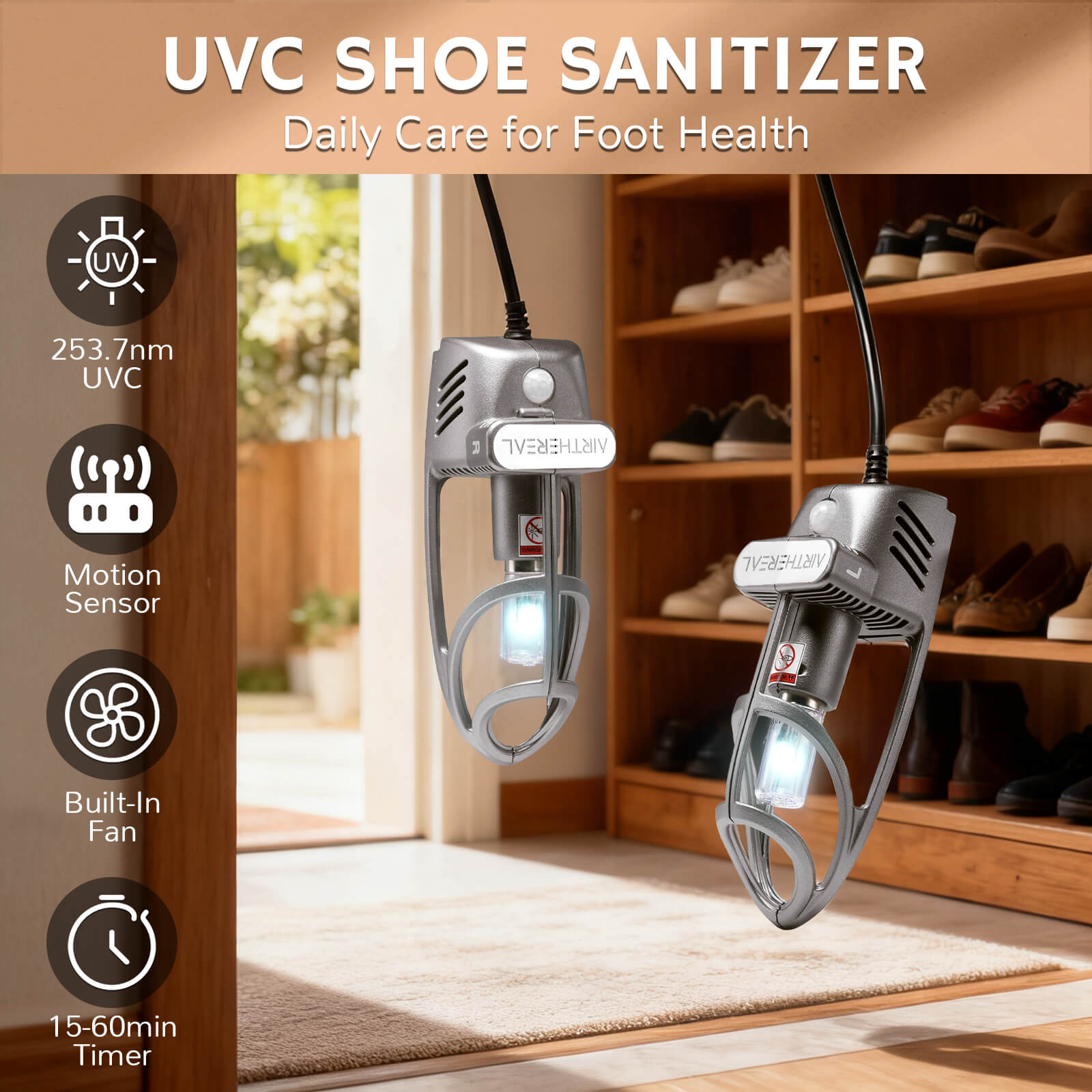 UVC Shoe Sanitizer - features 253.7nm UVC, motion sensor, built-in fan, 15-60min timer, for daily foot health care