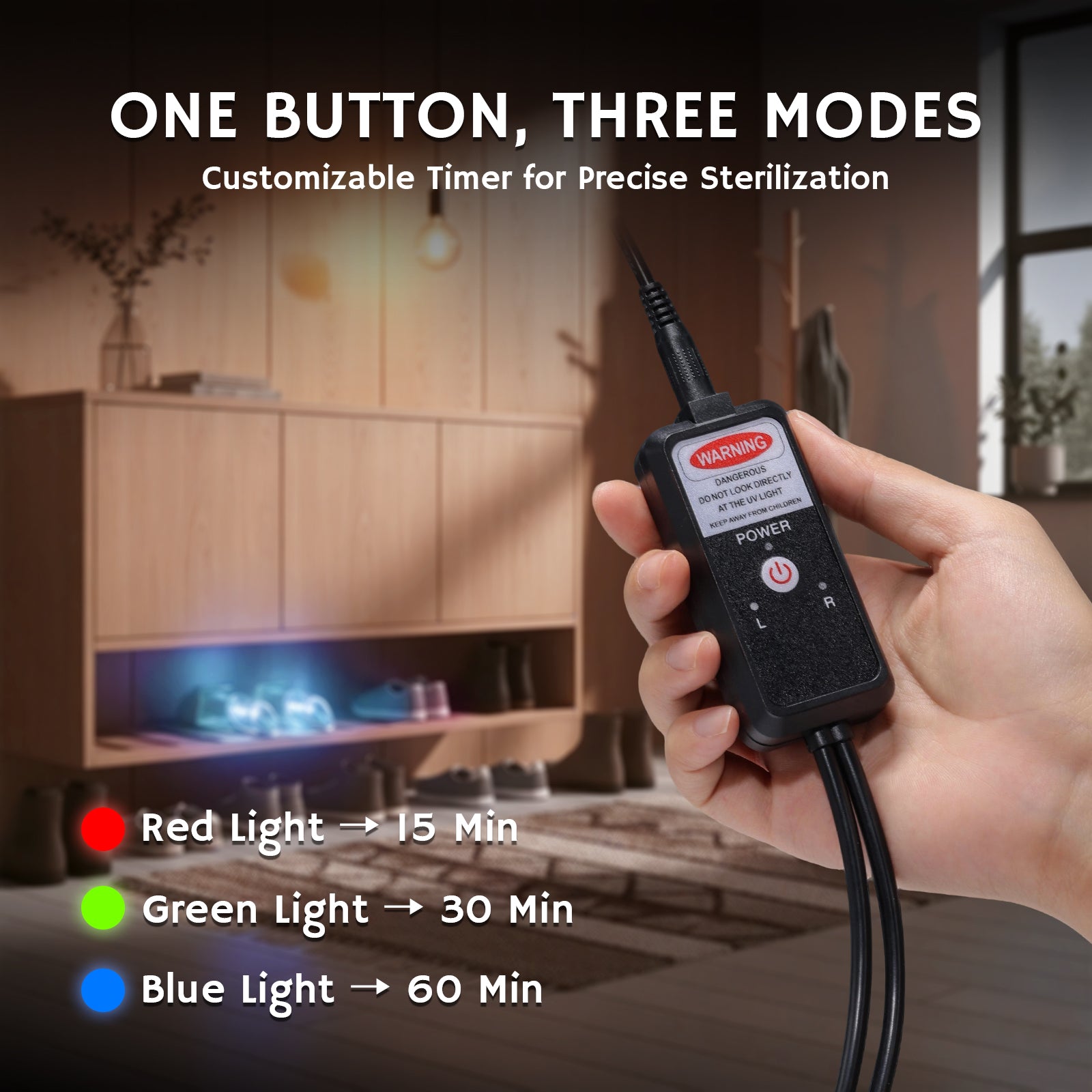 Airthereal UVC Shoe Sanitizer Controller - one button with three modes (red 15min, green 30min, blue 60min), customizable timer for precise sterilization