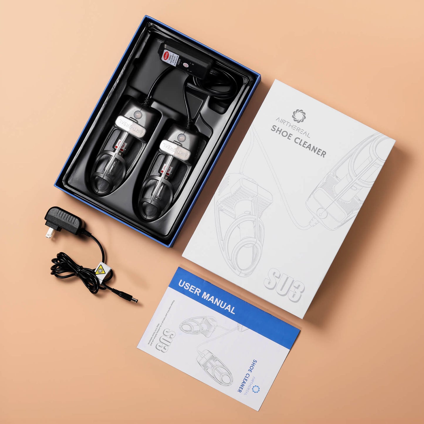 Airthereal Shoe Cleaner SU3 - complete set with dual shoe cleaners, power adapter, user manual, and packaging box