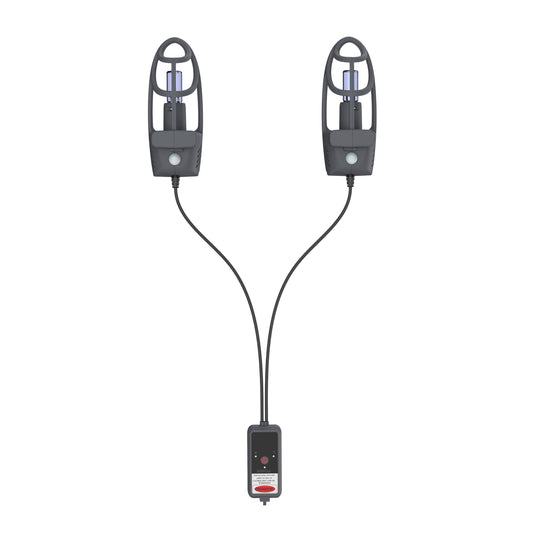 Two black underwater lights with a control unit on a white background