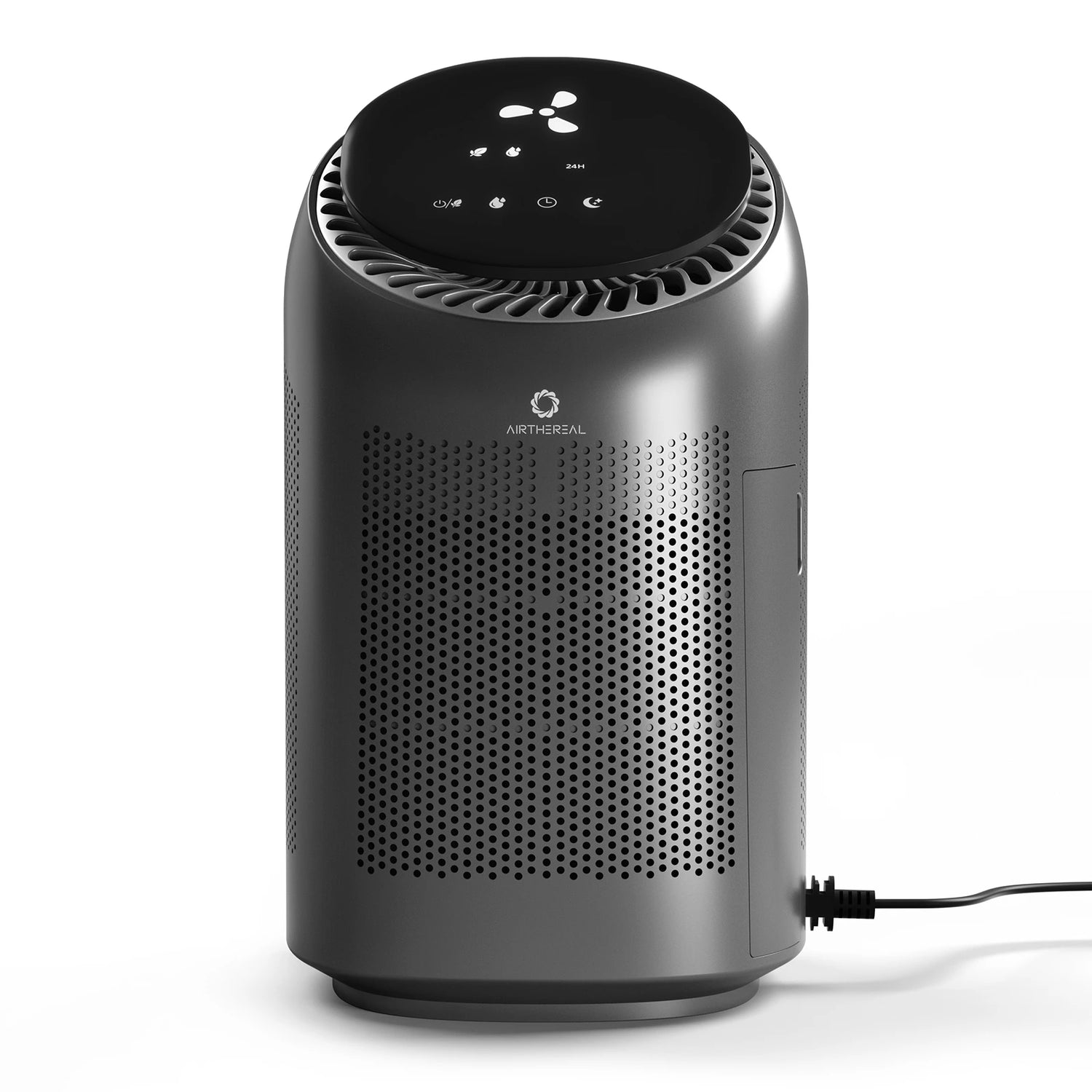 Black air purifier with brand logo on a white background