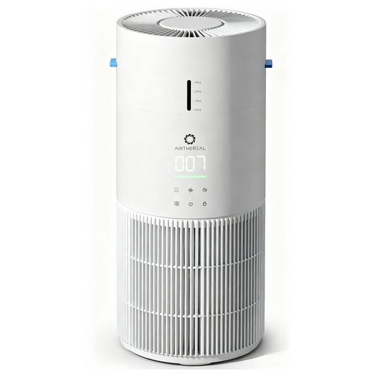 White air purifier with digital display on a white background