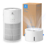 White air purifier and humidifier combo with packaging on a white background