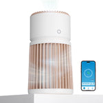 Glory Days AGH400 Pet Air Purifier emitting clean air with a smartphone app displaying current air quality reading of 14 PM2.5. The image shows the purifier's design and its connection to smart technology for monitoring air quality.
