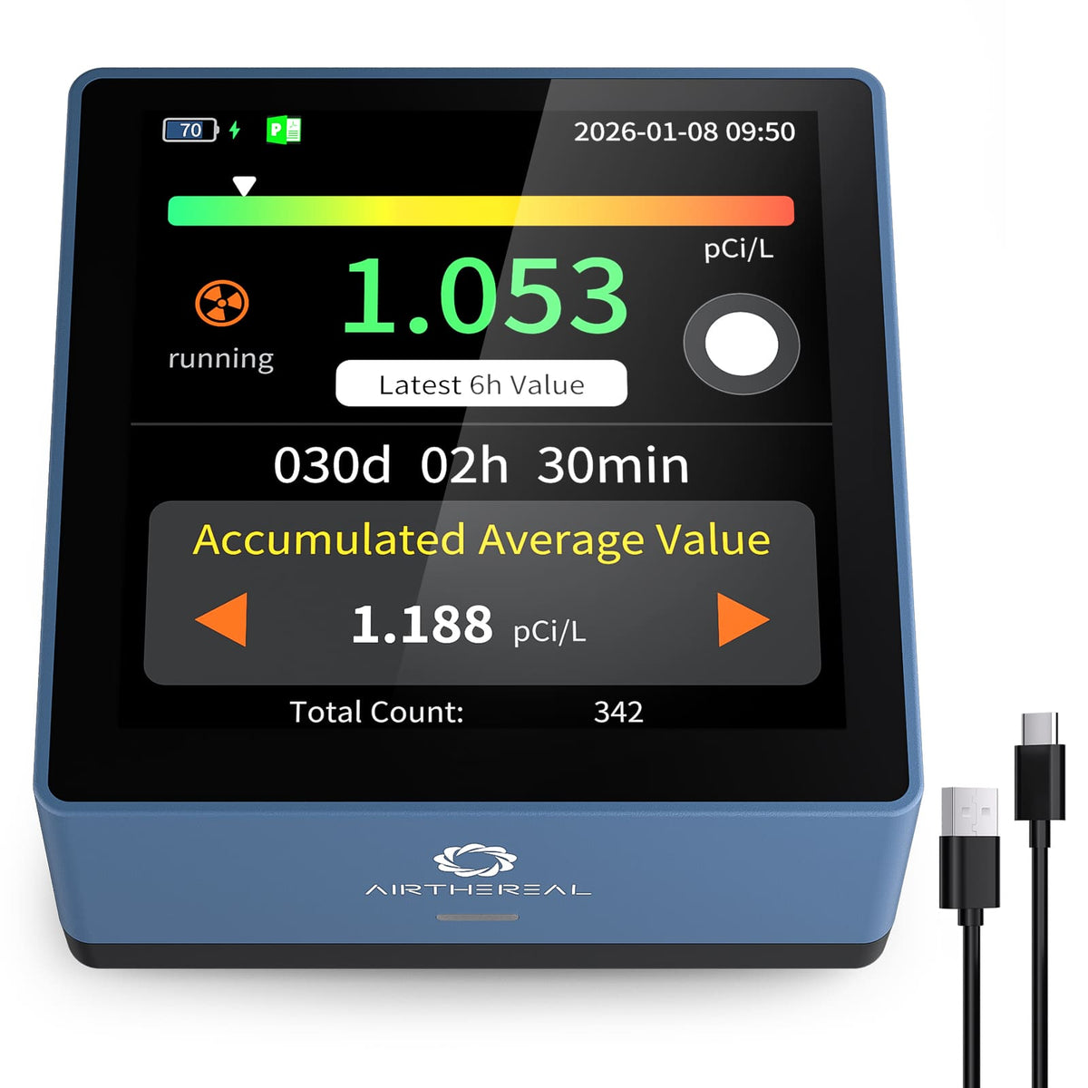 Blue RM-63Pro Radon Detector with digital display and USB cable on a white background