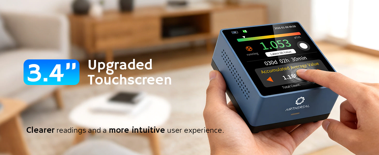 RM-63Pro Radon Detector with a 3.4-inch upgraded touchscreen displaying radon readings.