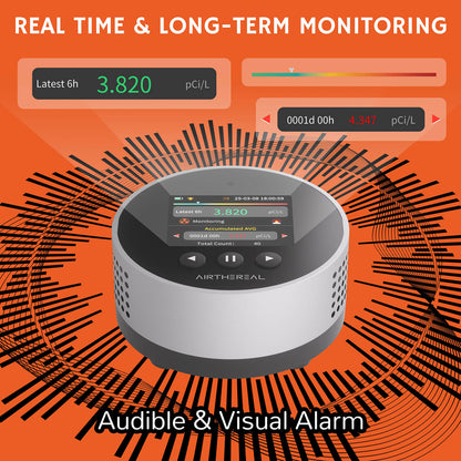 Airthereal radon detector with real - time & long - term monitoring. Displays 6h reading (3.820 pCi/L) and 1d reading (4.347 pCi/L). Has audible & visual alarm.