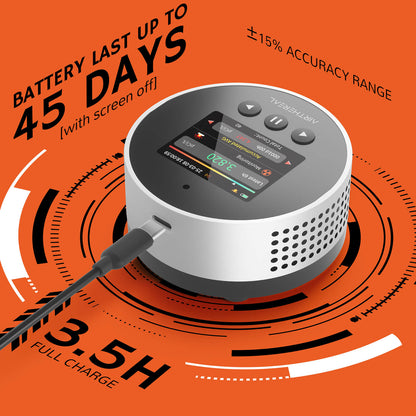 Airthereal radon detector with USB cable. Features: 45 - day battery (screen off), ±15% accuracy, 3.5 - hour full charge.