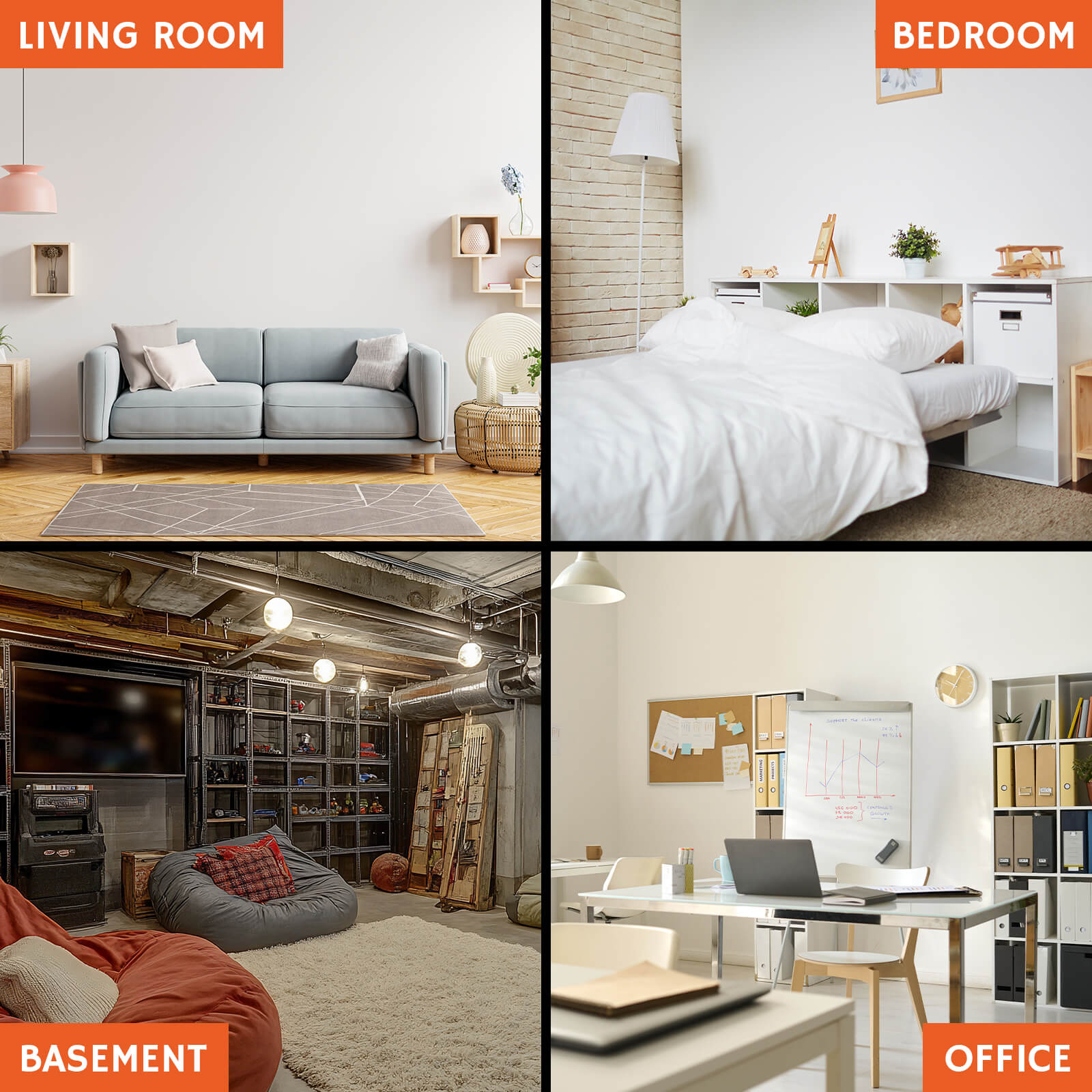 Airthereal radon detector is suitable for 4 scenarios: bright living room with gray sofa, tidy bedroom with white bed, industrial - style basement, and modern office with desks.
