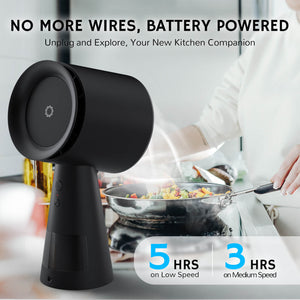 Battery-powered kitchen companion with a sleek design, offering 5 hours of use on low speed and 3 hours on medium speed, ideal for smoke and grease collection while cooking.