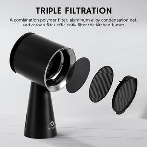 Triple filtration system featuring a polymer filter, aluminum alloy condensation net, and carbon filter to efficiently remove kitchen fumes.