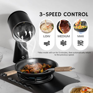 3-speed control kitchen device with low, medium, and max settings; max mode operates for 5 minutes before returning to the previous speed.