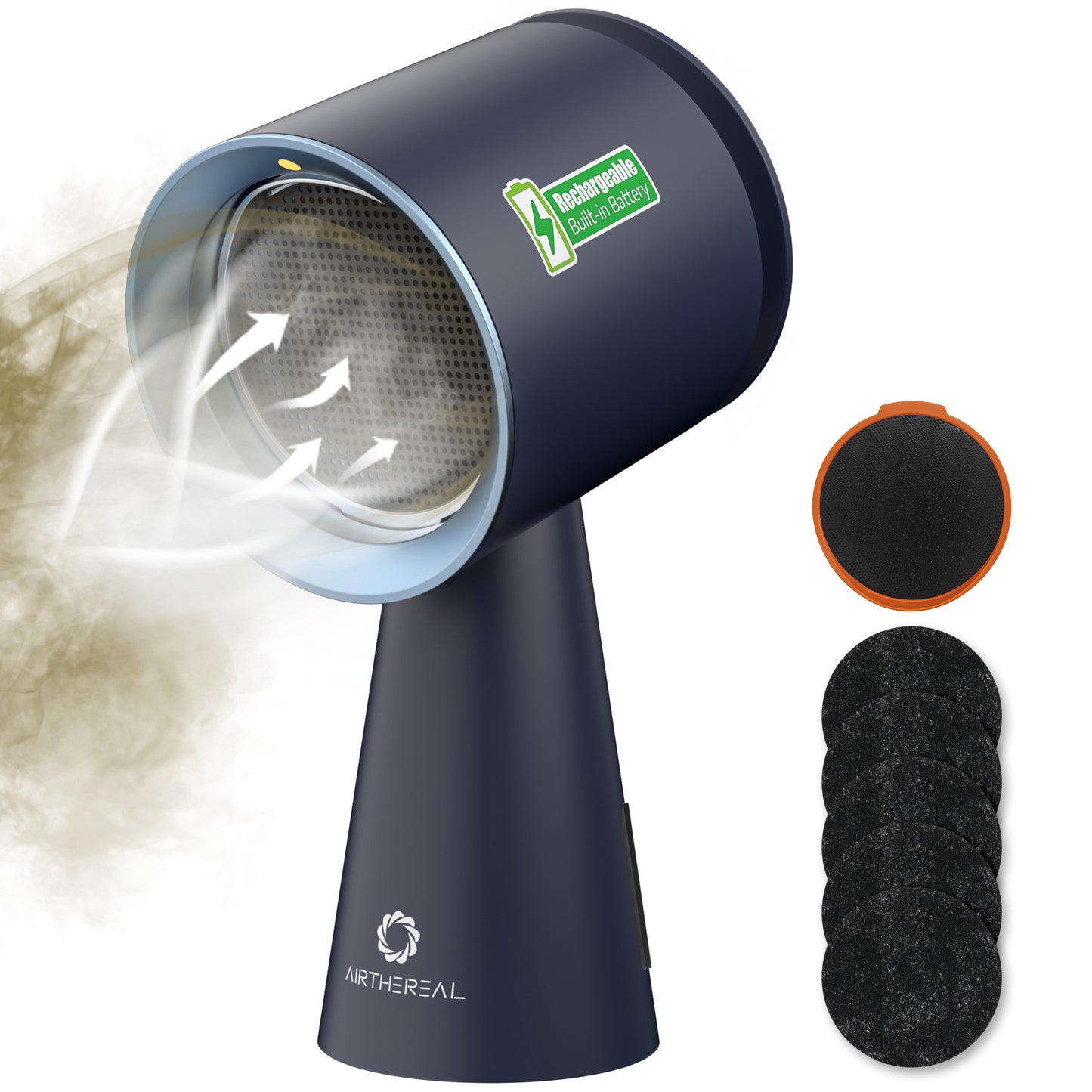 Black handheld hair dryer with attachments on a white background