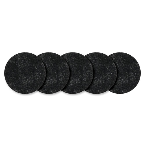 Five black circular pads arranged in a row.