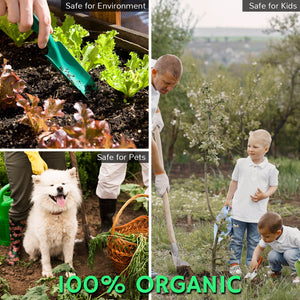 A collage showcases gardening activities with safe practices for the environment, pets, and kids, emphasizing 100% organic methods.