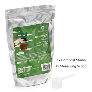 A silver pouch labeled "Revive Magic" contains a compost starter and measuring scoop, designed to enhance gardening.