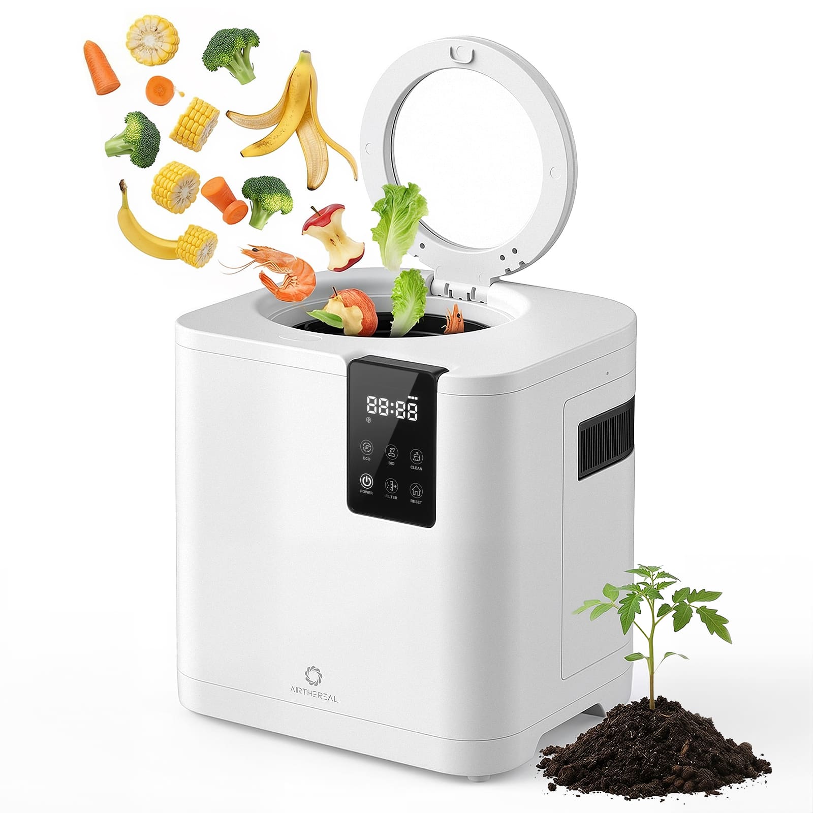 White compost bin with digital display, surrounded by compostable food waste and a plant growing in soil.