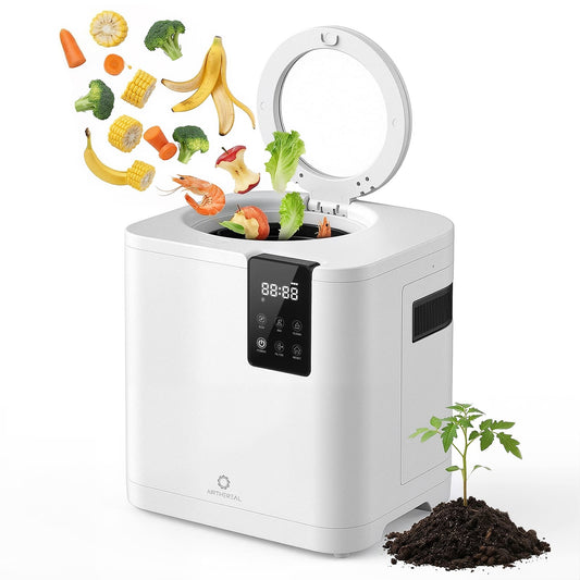 White compost bin with digital display, surrounded by compostable food waste and a plant growing in soil.