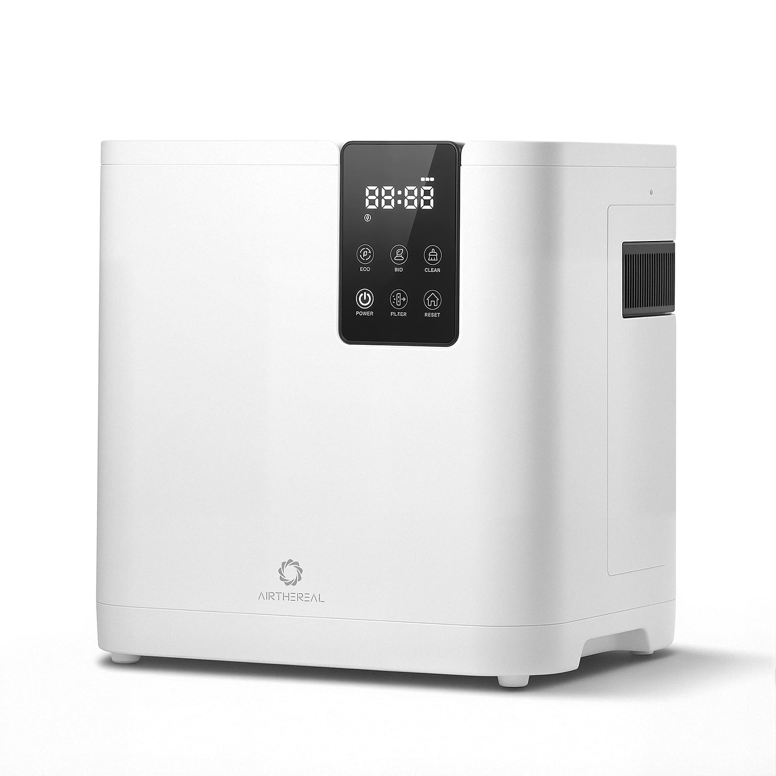 White air purifier with digital display on a white background