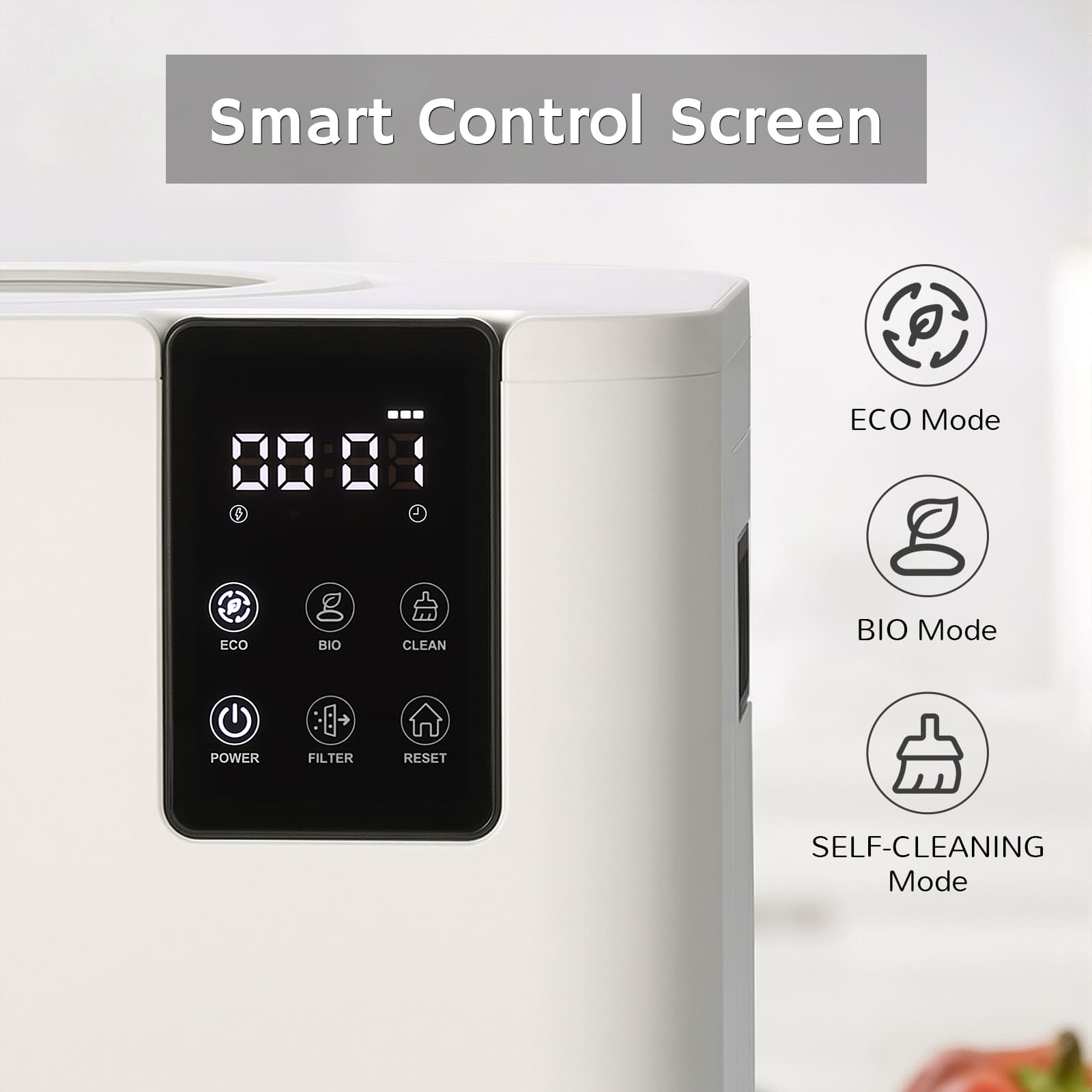 Smart control screen with digital display and mode icons on a white background