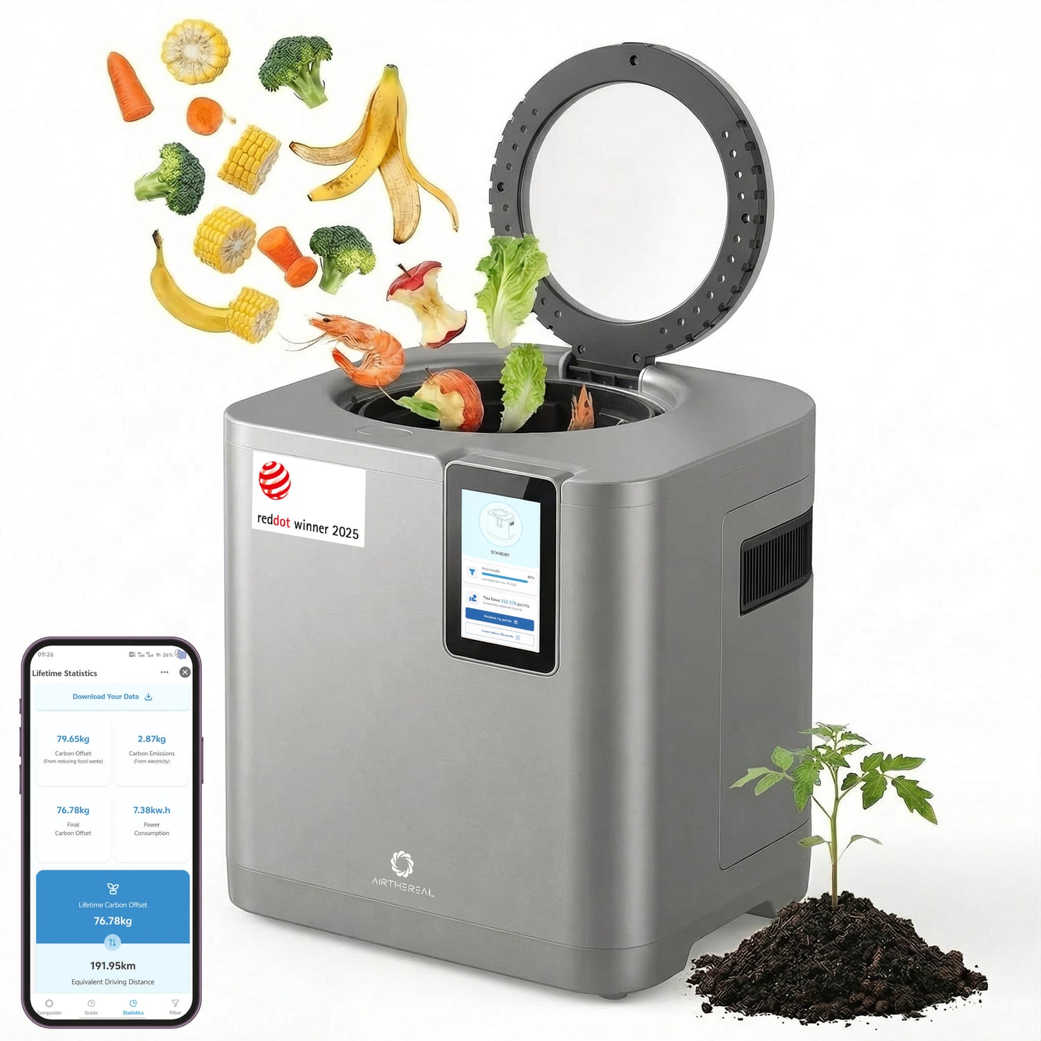 Smart kitchen composter with food waste input, smartphone app, and plant output on a white background